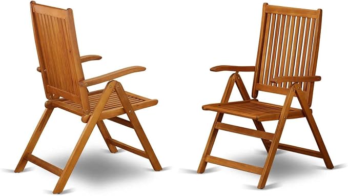 East West Furniture MNCN3C5NA 3 Piece Outdoor Conversation Bistro Set Contains a Round Acacia Wood Coffee Table and 2 Folding Adjustable Arm Chairs, 30x30 Inch, Natural Oil