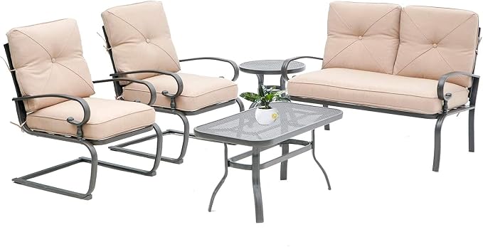 Skiway Outdoor Metal Funiture Set 5Pcs Patio Conversation Set Loveseat, 2 Spring Chairs with Coffee Table and Brown Cushions, Wrought Iron Look