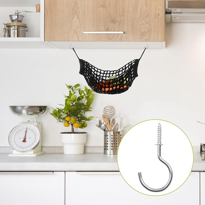 Fruit Vegetable Hammock, 1 Set Black Handmade Macrame Fruit Hammock with Hooks Cotton Fruit Holder Net Under Cabinet Hanging Fruit & Veggie Basket for Saving Kitchen Space
