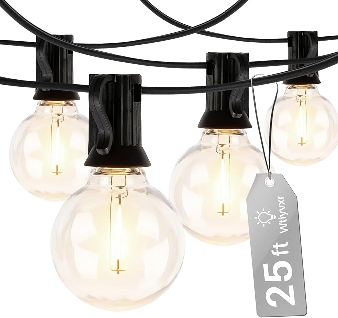 25 FT 2700K Outdoor String Lights,13 Plastic Edison Bulbs, E12 Base | G40 globe shatterproof bulbs, IP65 waterproof, dimmable LED, for backyard porch balcony party decor
