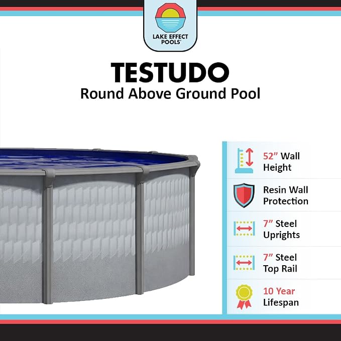 Lake Effect Pools 'Testudo' 27 ft Round Above Ground Swimming Pool | 52 Inch Resin Protected Steel Sided Walls | Bundle Includes: 25 Gauge Overlap Liner & Widemouth Skimmer