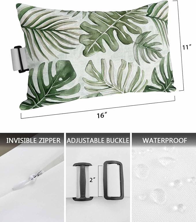 Pack of 2 Outdoor Lumbar Pillow Covers 11x16 Inch, Green Monstera Deliciosa Waterproof Throw Pillow Covers Set, Summer Botanical Tropical Indoor&Outdoor Decorative Cushion Cases for Patio Porch Car
