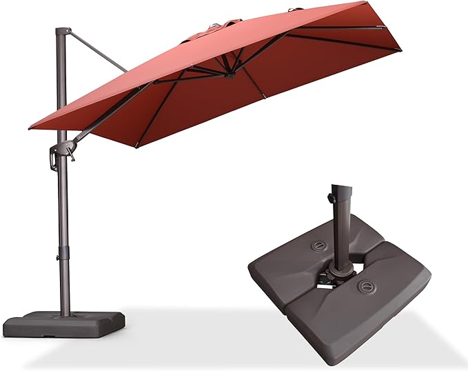 PURPLE LEAF 9' X 9' Patio Umbrella With Base Antique Bronze Square Cantilever Umbrella Outdoor with 360° Rotation and Aluminum Offset Hanging for Pool Deck Garden Backyard, Brick Red