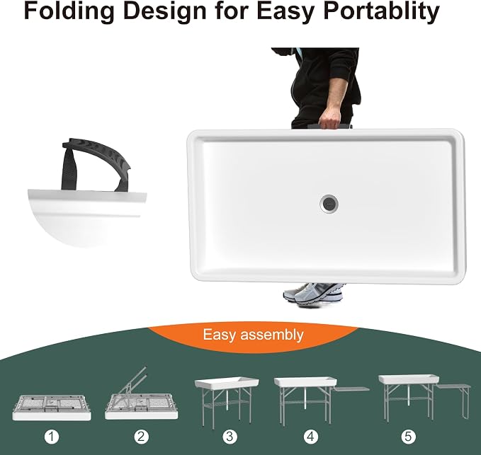 Ice Cooler Table with Foldable Extension Stand, 4 Foot Outdoor Ice Table with Matching Skirt & Drain Hose, Folding Cooler Server with Metal Shelf for Party, BBQ, Camping Picnic, White