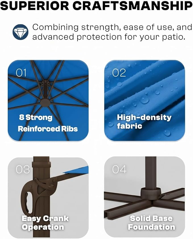 10'×10' Patio Umbrella, Aluminum Cantilever Umbrella with 360°Rotation, Offset Patio Umbrella with Easy Tilt Fade Resistance for Pool Deck Backyard, Royal Blue (Base not Included)