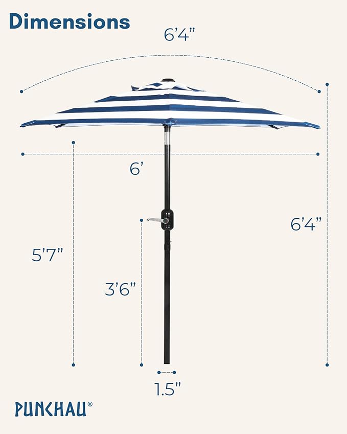6 Ft Outdoor Patio Umbrella, Easy to Open/Close Crank and Push Button Tilt Adjustment - Navy Blue Striped Market Umbrellas