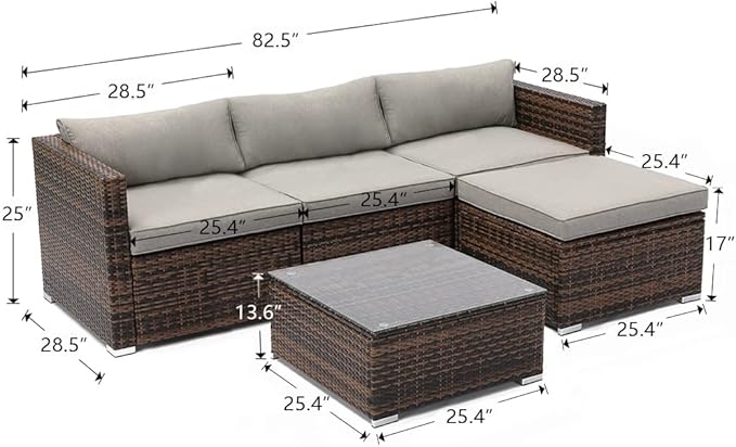 COSIEST 5-Piece Outdoor Furniture All-Weather Mottlewood Brown Wicker Sectional Sofa w Warm Gray Thick Cushions, Glass-Top Coffee Table, Patio