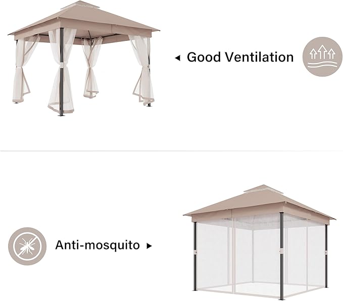 LAUSAINT HOME Patio Gazebo 10'x10', Outdoor Heavy Duty Party Tent Shelter with Double Roofs, Mosquito Nettings for Backyard, Garden, Lawn, Khaki