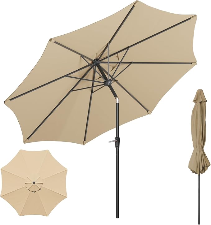 Outdoor Patio Umbrella with One Push Button Tilt and Crank, 8 Sturdy Ribs Market Table Umbrella