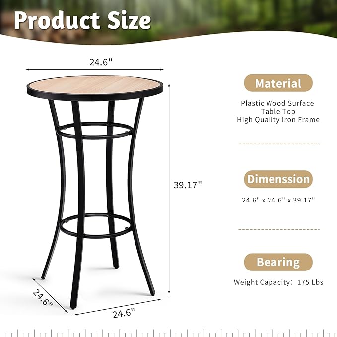 VINGLI Outdoor Bar Table 39" Height, Round Patio High Top Table with Wood-Like Top, All-Weather Metal Bistro Table with Heavy-Duty Iron Base for Garden Balcony Pub Bistro Cocktail Standing