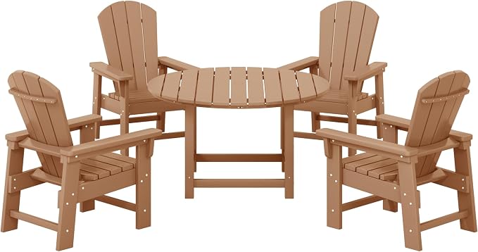 Costaelm Paradise Kids 5-Piece HDPE Outdoor Patio Round Dining Table and Chairs Set, Teak