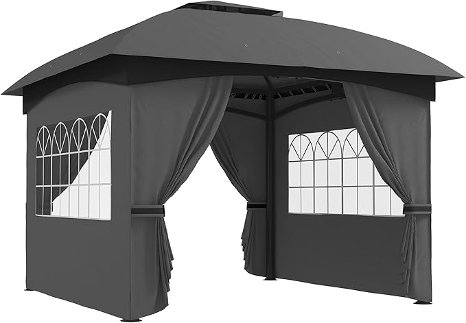 Outsunny 11' x 11' Outdoor Gazebo, Arc Patio Gazebo Canopy Shelter, UV Protected, with Curtains, Church Windows, Double Roof, Galvanized Steel Frame for Lawn, Backyard and Deck, Dark Gray
