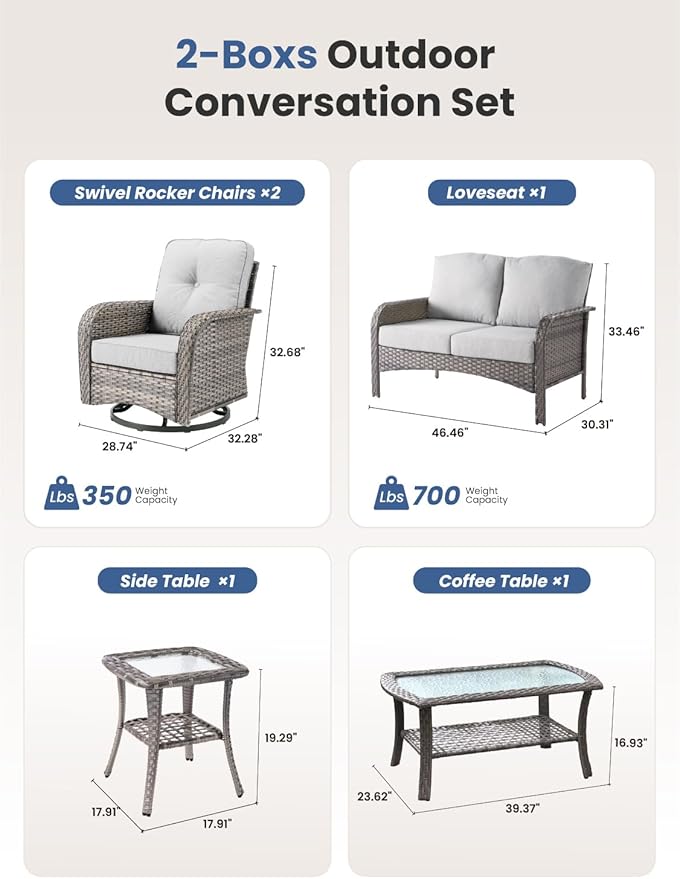 5-Piece Outdoor Patio Furniture Set with Swivel Chairs, Outdoor Conversation Wicker Sofa with Coffee Table, Rattan Couch for Deck Yard Poolside, Grey