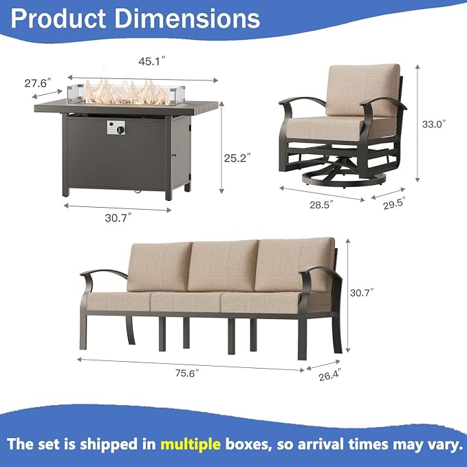 Aluminum Outdoor Patio Furniture Set,4 Pieces 5 Seats Patio Conversation Sets with 45" Propane Fire Pit Table,Metal Patio Sectional Furniture Set with 2 Swivel Rocking Chairs,Sand