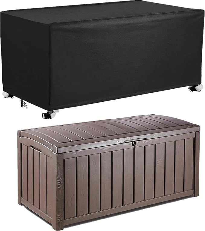 Deck Box Cover 420D Outdoor Patio Waterproof Oxford Fabric Coated with Silver Dustproof Deck Storage Box Protector with Elastic Buckles on All 4 Corners Wheels Protect from Wind Rain Snow Black