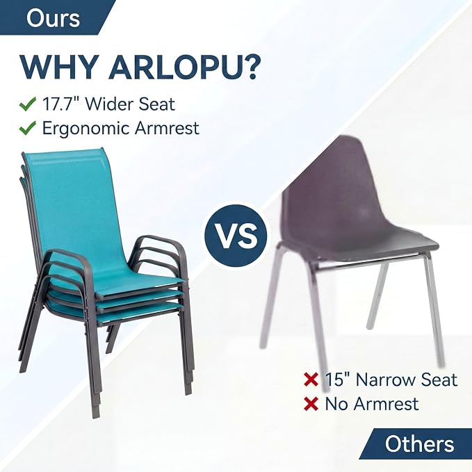 Arlopu 7-Piece Outdoor Table and Chairs for 6, Outdoor Dining Set W/Rectangle Glass Table and 6 Patio Textilene Stackable Chairs, Patio Furniture Set W/Umbrella Hole (Grey Table & Sky Blue)