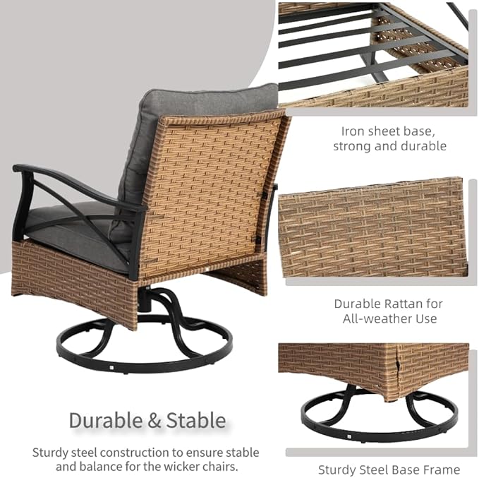 Outdoor Swivel Rocker Chairs Set 3 with 1 Table and 2 Rocking & Swivel Chairs, Brown Wicker Outdoor Furniture Patio Conversation Set