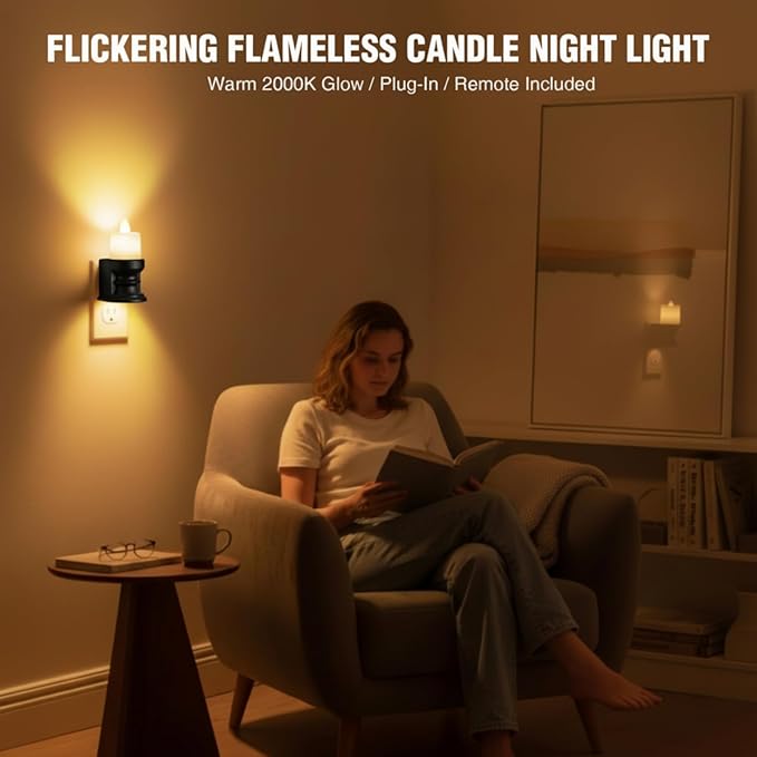 Meonum Flickering Flameless Candle Night Light Plug in, Dimmable LED Nightlight with Dusk to Dawn Sensor, Decorative Candle Light for Bedroom, Hallway, Bathroom(1 Pcs,Warm Yellow & Black Base)
