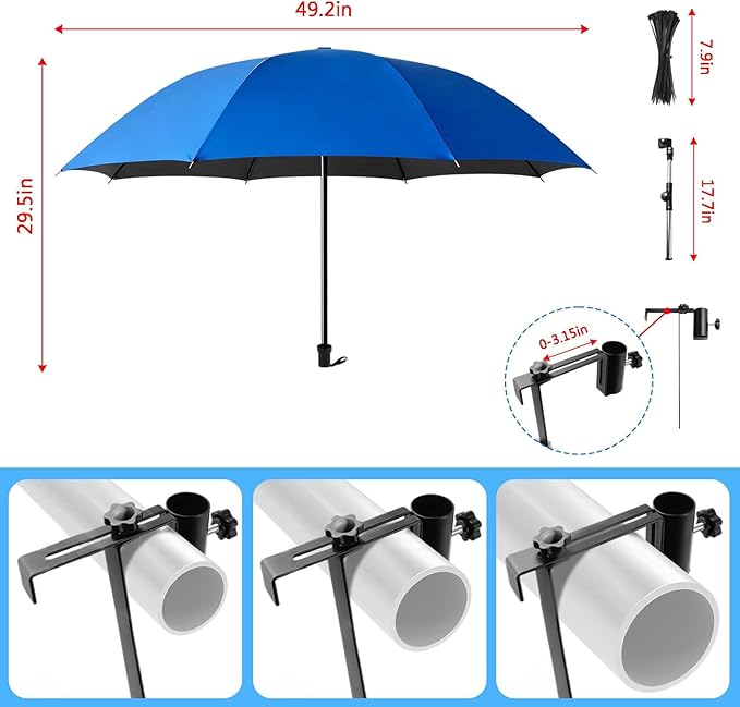 Pool Shade Umbrella, 49.2'' Large Adjustable Above Ground Pool Sunshade Canopy with Clamp 360°Swivel UPF 50+ Portable Weatherproof Patio Umbrella for Swimming Pool Outdoor Garden Beach Chairs