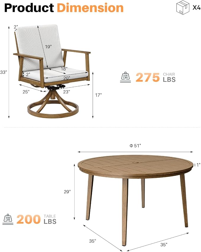 7-Piece Round Outdoor Dining Set, Never-Rust Aluminum Patio Swivel Dining Set, 51" Oversize Patio Dining Table with 6 Swivel Chairs, Outdoor Round Dining Sets for Backyard, Deck, Garden, Teak