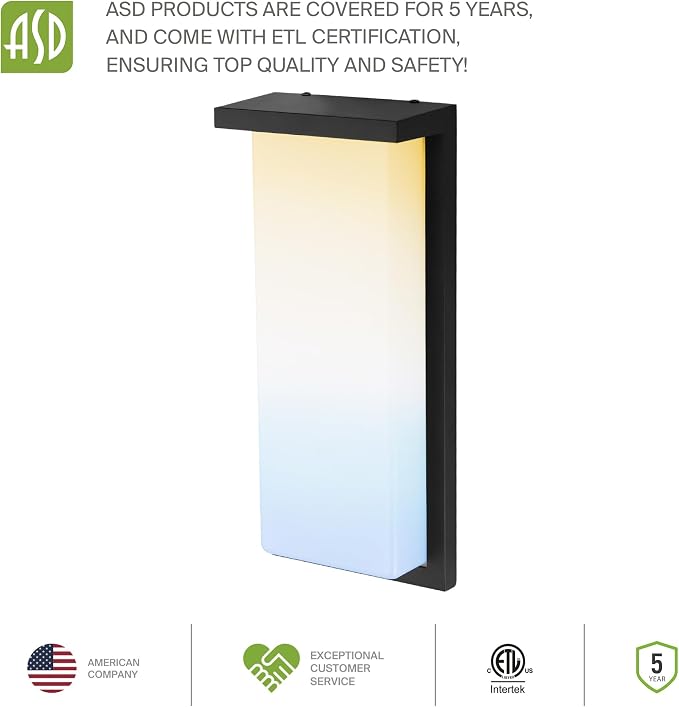 ASD LED 14" Outdoor Wall Light, Front Door House Sconce | 3CCT, Dimmable, Waterproof, ETL Listed | 20W 1900LM 3000-5000K 120V | Exterior Patio Lighting Fixture, Flush Mount Porch Lamp | Black