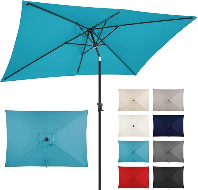 FLAME&SHADE 6.5 x 10 ft Rectangular Patio Umbrella with Push Button Tilt & Crank, Table Market Rectangle Rectangle Umbrella Outdoor for Yard, Pool, Garden, Porch(Aqua Blue)