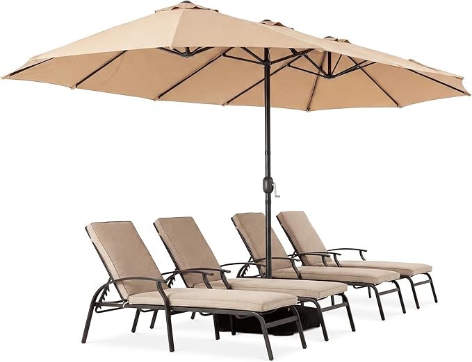 COSIEST 15FT Patio Umbrella with Base Included, Outdoor Double-Sided Table Umbrella,Large Rectangular Market Umbrella w Crank Handle for Garden, Pool, Deck Shade, Khaki