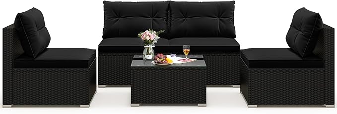 Tangkula 5 Piece Rattan Sofa Set, Outdoor Wicker Furniture Set w/Seat & Back Cushions, Square Coffee Table, Patio Sectional Sofa Set for Backyard, Poolside, Garden (Black)