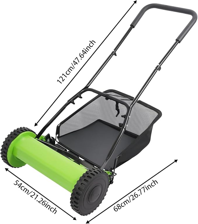 Push Reel Lawn Mower 15.75-Inch Manual with Adjustable Height and Grass Catcher for Small Medium Lawns Yards Home Use