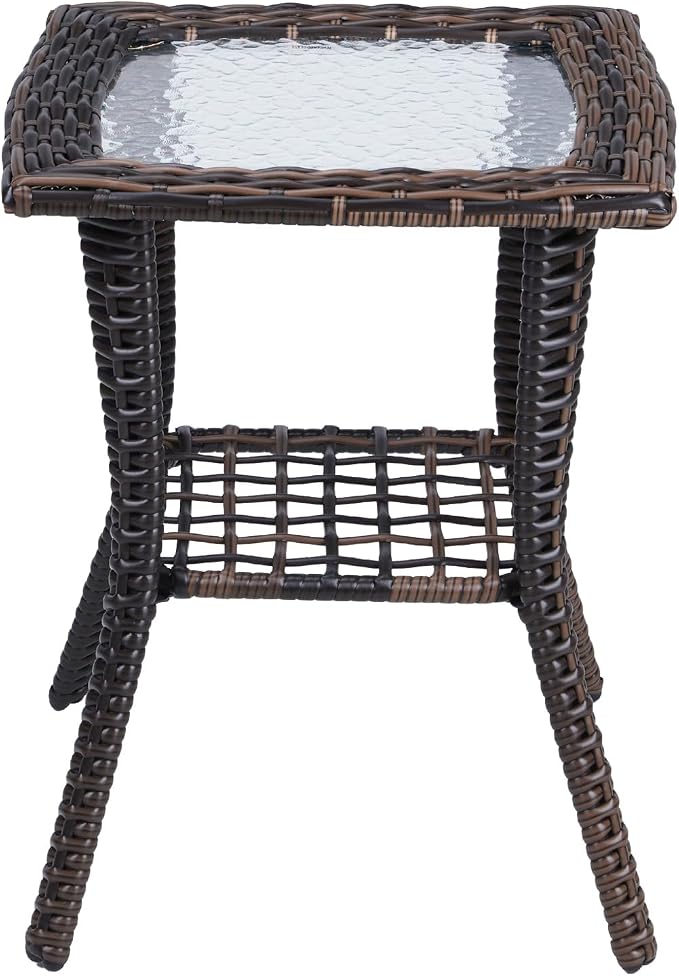 Outdoor Side Table with Storage Wicker Patio Side Table, Tempered Glass Top End Table for Balcony Porch Deck (Brown)
