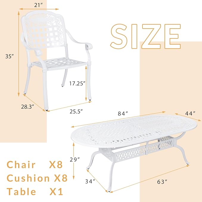 9-Piece Patio Dining Set, Outdoor Patio Table and Chair Set of 84” Oval Cast Aluminum Dining Table with Umbrella Hole and 8 Outdoor Dining Chairs, Patio Funiture Set, White