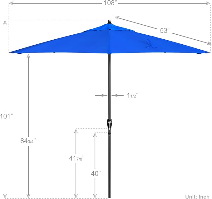 California Umbrella 12-Year Protection 9' Rd Aluminum Patio Umbrella, Crank Lift, Auto Tilt, Black Finish, Sunbrella Pacific Blue