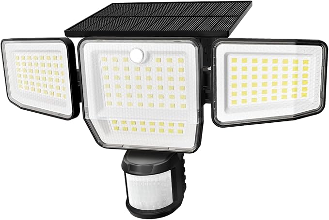 6000LM Solar Lights Outdoor, 4 Heads Motion Sensor Outdoor Lights, Solar Flood Lights for Yard House Outside Garage, IP65 Waterproof, 3 Modes, Easy Install, 1 Pack