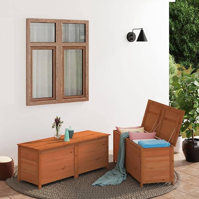 Solid Fir Wood Outdoor Storage Box Rectangular Brown 59.1" W x 19.7" L x 22.0" H Deck Box for Cushions, Toys, Blankets Garden and Patio Furniture