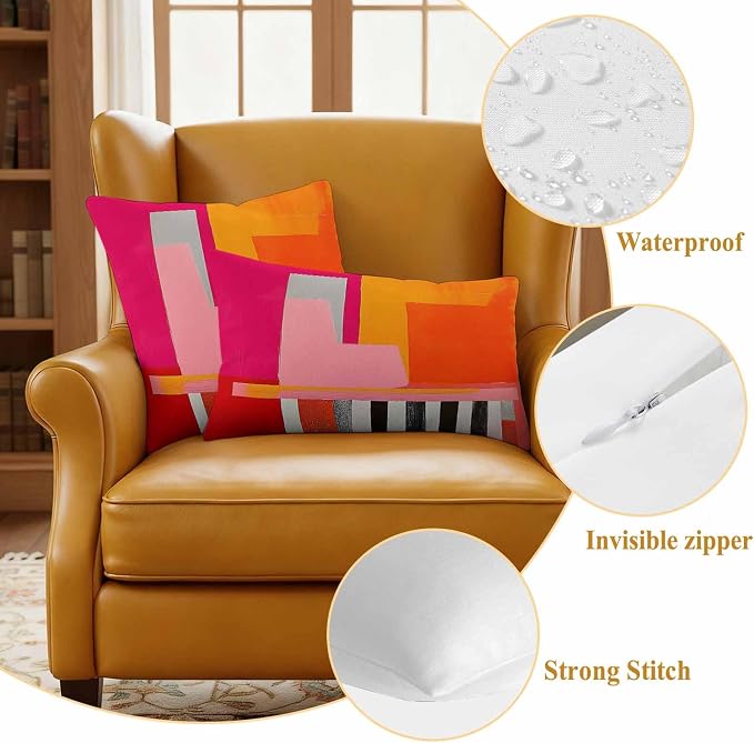 JasmineM Outdoor Pillow Cover 18x18 Inches Set of 2 Abstract Pink Orange Red Waterproof Throw Pillow Covers Painting Modern Art Decorative Pillowcases Garden Cushion Case for Patio Couch Sofa