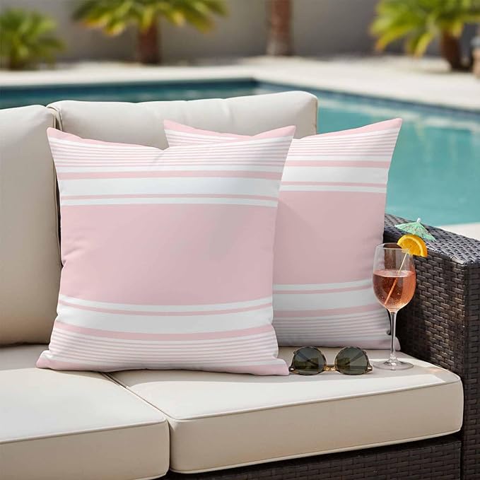 Outdoor Waterproof Throw Pillow Covers, Pink Striped Decorative Pillow Cases, Modern Color Block Farmhouse Stripes Couch Pillow Protector Patio Sofa Cushion Covers Replacement 26"x26" 2 Pack