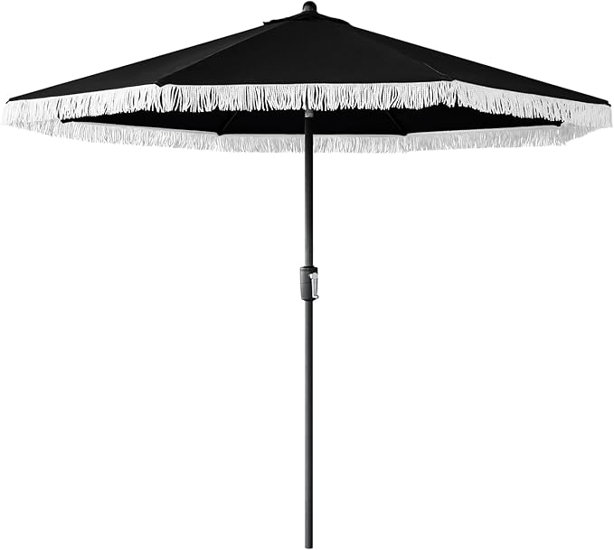 Tempera 9ft Auto Tilt Patio Umbrellas with Fringe, Outdoor Market Umbrellas with Fade Resistant Canopy, 8 Sturdy Rids, Luxurious Vintage Umbrellas for Lawn, Pool, Deck, Balcony