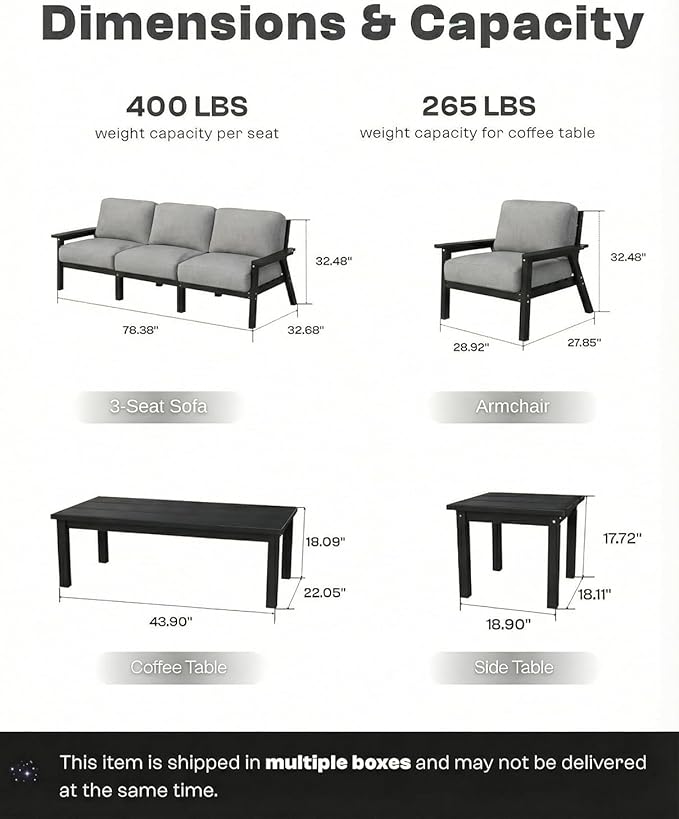 Patio Furniture Set with Washable Thick Grey Cushions, Coffee Table & Side Table, HDPE Outdoor Couch, All-Weather Outdoor Sectional Furniture, Patio Conversation Sets (Black Frame)