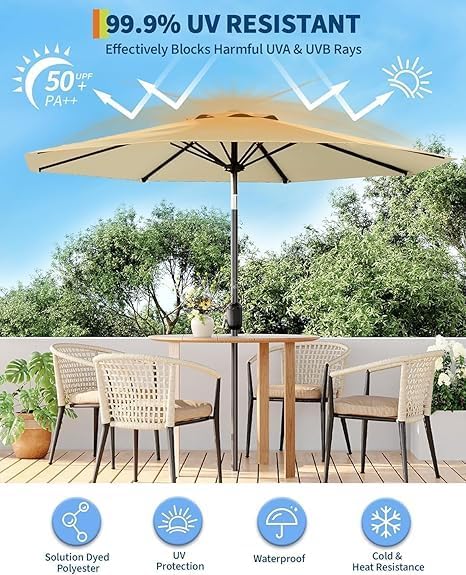 IDEALHOUSE 9Ft Outdoor Patio Umbrella, 8 Sturdy Ribs Table Umbrella With Crank Lift & Push Button Tilt, Market Umbrella UV Protection Waterproof for Garden, Deck, Backyard, Pool
