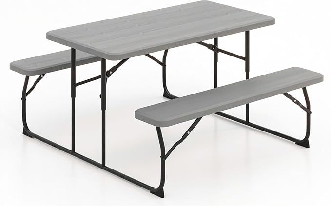 Giantex 4.5 FT Folding Picnic Table Bench Set- Outdoor Dining Set for 4-6 Persons w/All-Weather HDPE Tabletop, Metal Leg, Large Outside Dining Table for Lawn Patio Garden Yard Poolside, Grey