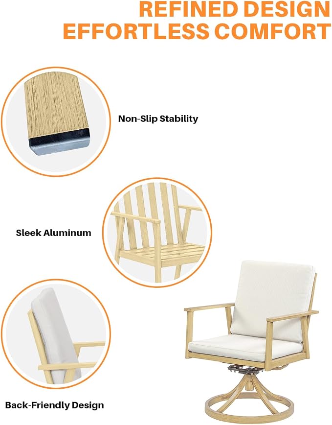 Patio Dining Set of 2, Never-Rust Aluminum Outdoor Swivel Patio Dining Chairs Patio Swivel Chairs with Cushions, Patio Dining Furniture Chairs for Decks, Garden, Poolside, Maple Wood