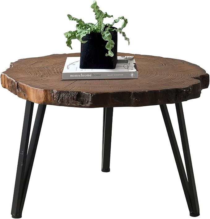 HOMPUS Small Coffee Table, MgO & Concrete Outdoor Side Table with Wood Grain Finish, Round End Table with Artificial Imitated Tree Ring Pattern Table Top for Outdoor Indoor Use, Patio, Garden
