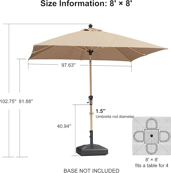 PURPLE LEAF 8' x 8' Square Patio Umbrella Market Umbrella Aluminum Outdoor Table Umbrella with Push Button Tilt & 8 Sturdy Ribs and Crank Square Outdoor Umbrellas for Pool Backyard Deck, Taupe