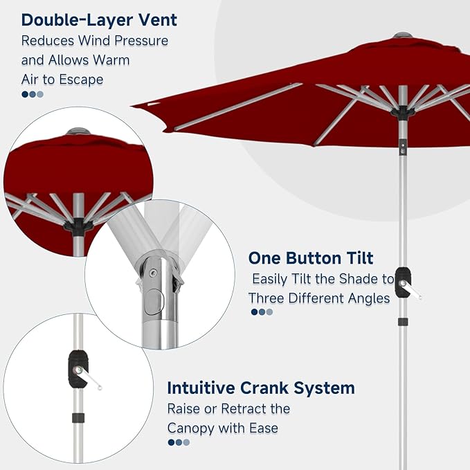 9FT Aluminum Outdoor Patio Umbrella, Fade-Resistant Market Umbrella with Push Button Tilt Function, 8 Sturdy All-Aluminum Ribs for Gardens, Patios, Backyards & Pools