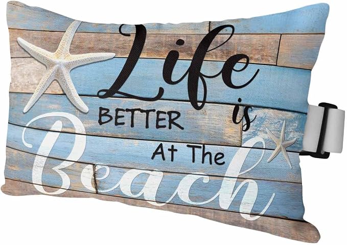 Beach Life with Starfish Outdoor Head Pillows for Recliner Lounge Chair,Pack of 1 Waterproof Throw Pillow Cushion Cases with Insert&Elastic Strap,Vintage Wooden Plank Neck Pillow for Patio Beach