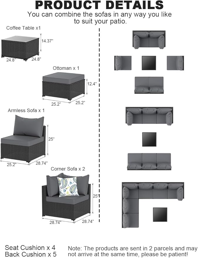Patio Furniture Set, 5PCS Patio Sectional with Ottoman Wicker Rattan Outdoor Furniture with Thickened Cushion Modular Wicker Patio Conversation Set with Glass Top Table for Balcony, Backyard (Grey)