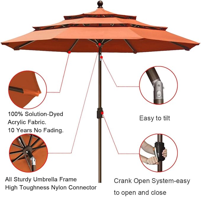 EliteShade USA 10-Year-Non-Fading 9ft 3-Tier Market Patio Umbrella, Commercial Grade Outdoor Table Umbrella with Crank Open, Windproof & UPF 50+ UV Protection, Heavy Duty Ventilation for Garden, Deck, Pool, Backyard, Beach & Bistro, Rust