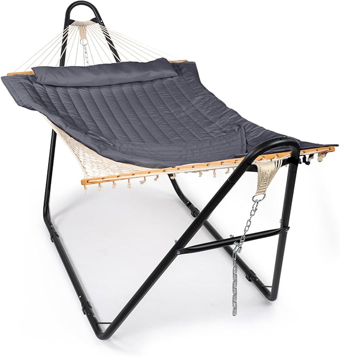 ONCLOUD Double Hammock with Stand for Outside, Rope Hammock with Pillow and Pad, Heavy Duty Hammock Set for Backyard, 550 LBS (Grey)