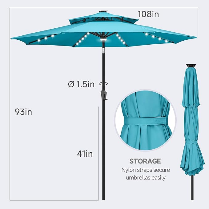 FLAME&SHADE 2 Tiers 9ft Solar Light Patio Umbrella, 40 LED lights outdoor umbrella with Centre Surround Light, Table Market Umbrella for Deck, Pool, Porch, Backyard, Garden (Aqua Blue)