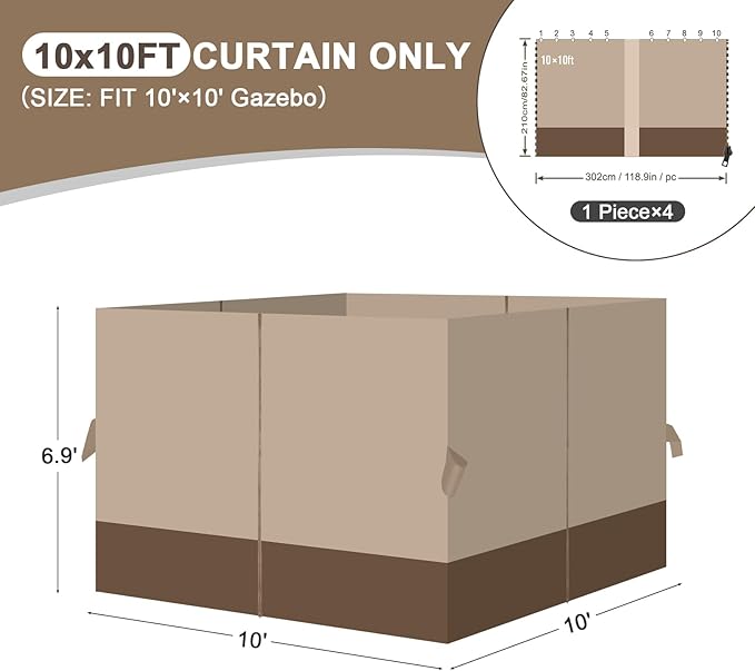 Aoodor 10x10 ft Outdoor Gazebo Curtains, 4 Panels Waterproof Privacy Sidewall Replacement with Zipper for Patio Pergola and Canopy, Sand Yellow and Brown